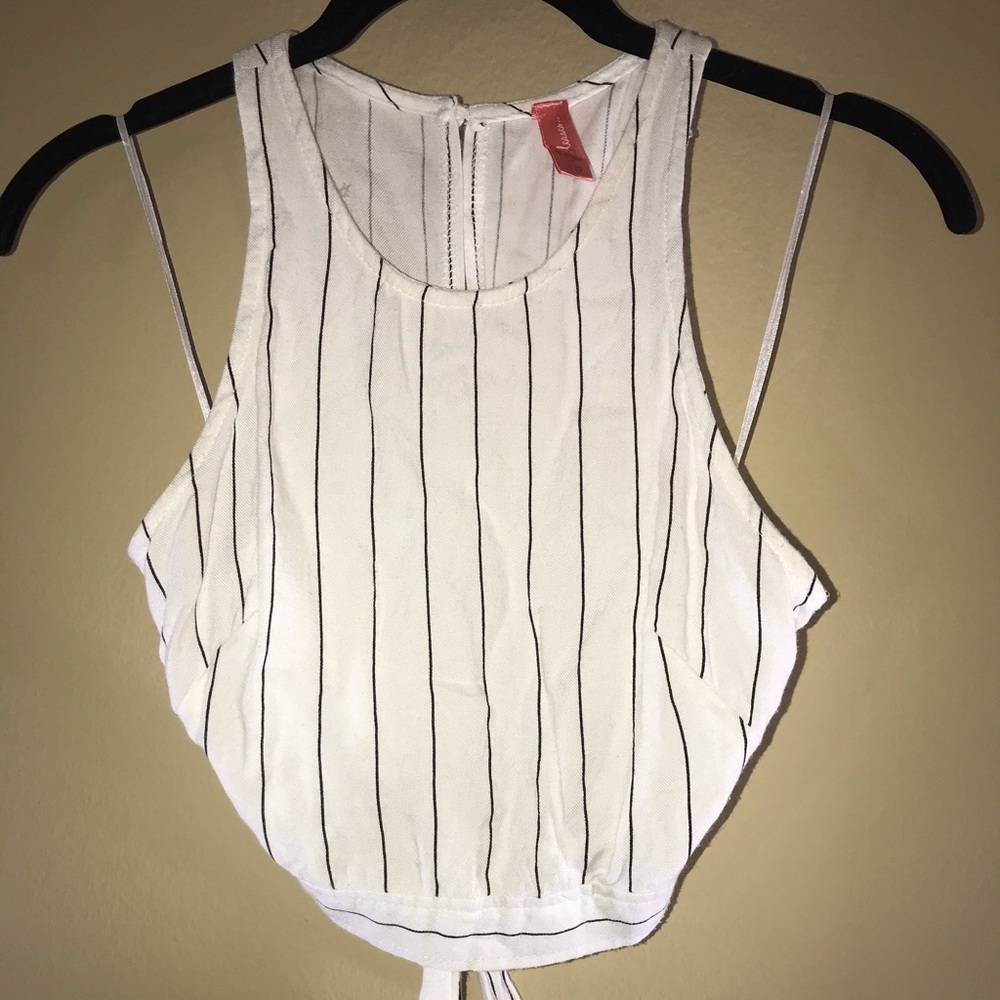 White Pinstripe Tie-back Crop